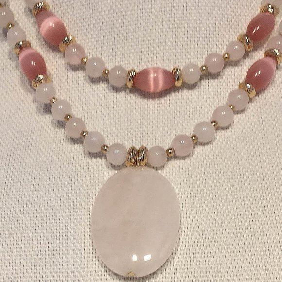 Two Strands Rose Quartz And Pink Tiger Eye Necklace With Rose Quartz Drop - Picture 2 of 3